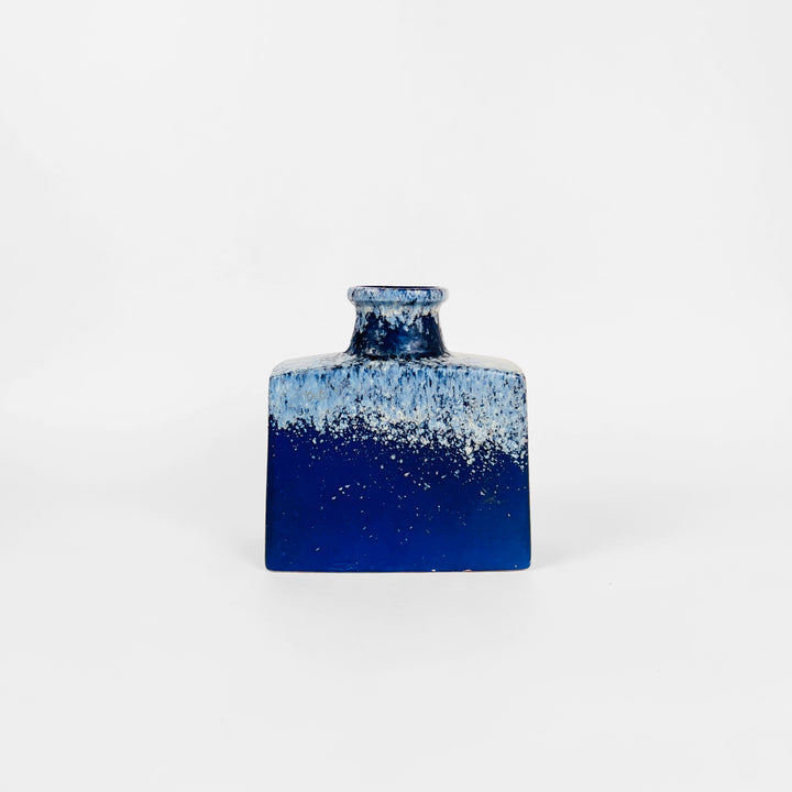 German Fat Lava Short Vase in Deep Blue with White Glaze Textured on Top, 1970s