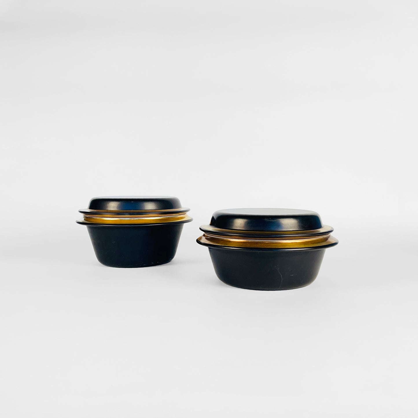 Set of Two Royal Copenhagen Aluminia Faience Black & Gold Pyrolin Bowls, 1950s