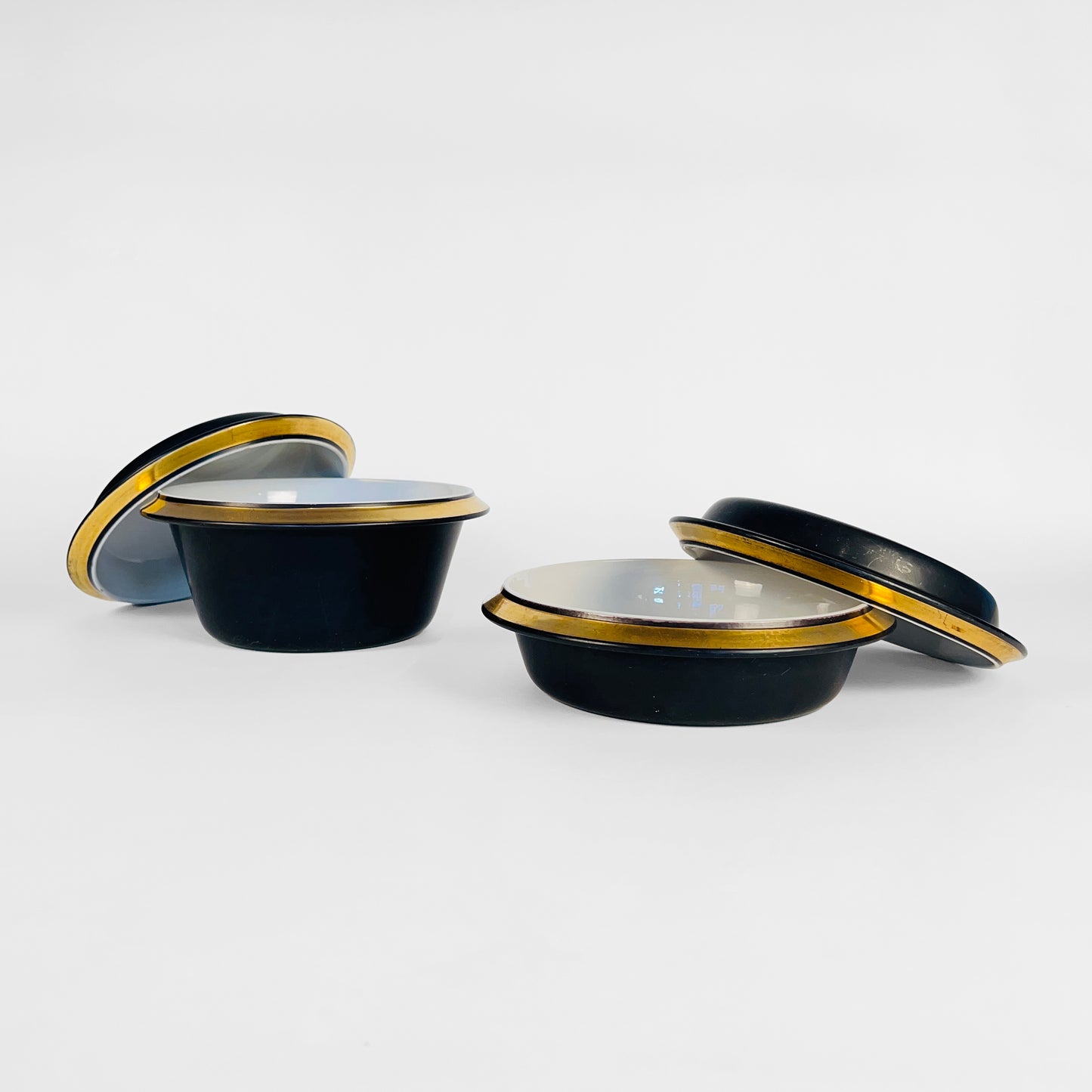 Set of Two Royal Copenhagen Aluminia Faience Black & Gold Pyrolin Bowls, 1950s