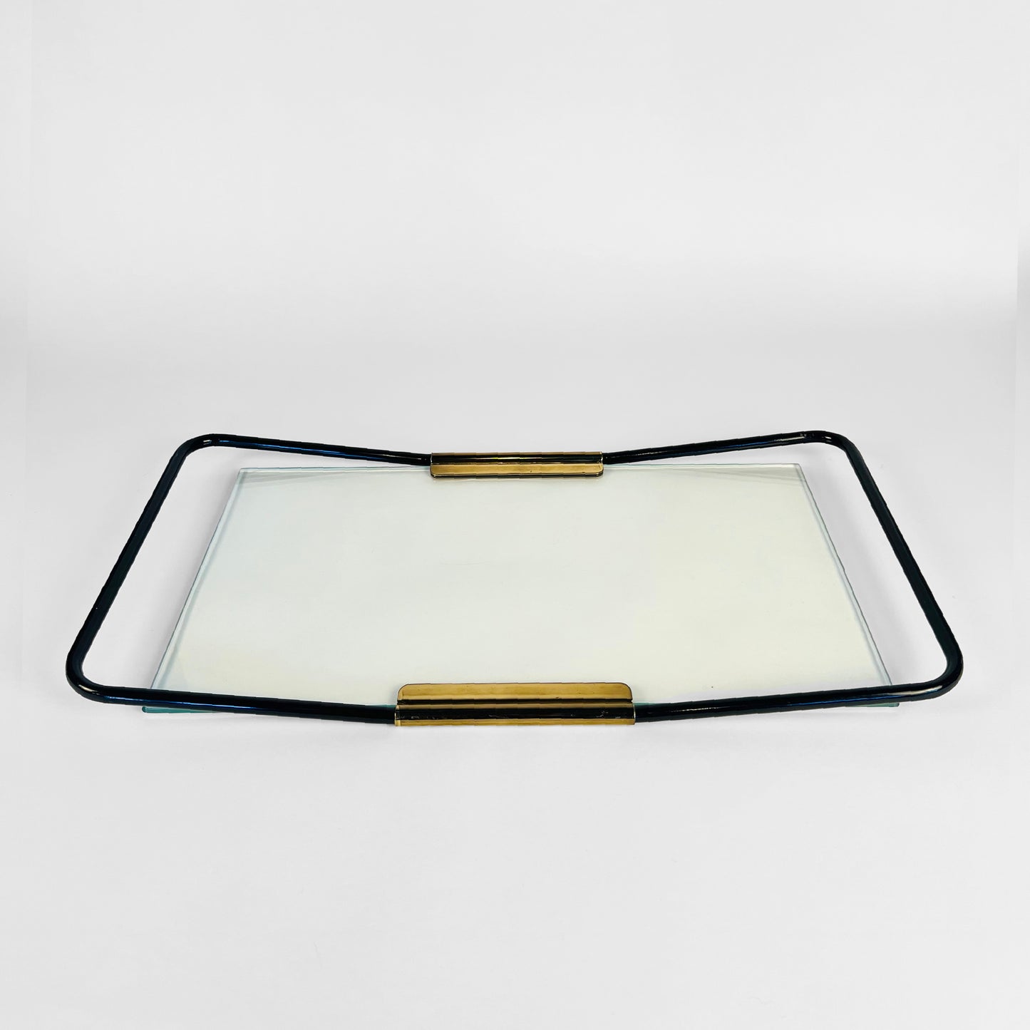 Italian Rectangular Black Metal, Brass and Glass Tray, circa 1960s