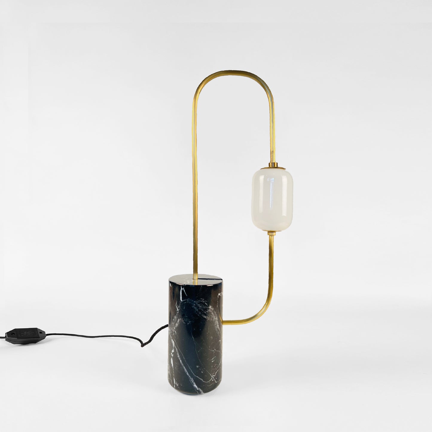 Brass Loop Table Lamp with Black Marble Base and White Capsule Shade