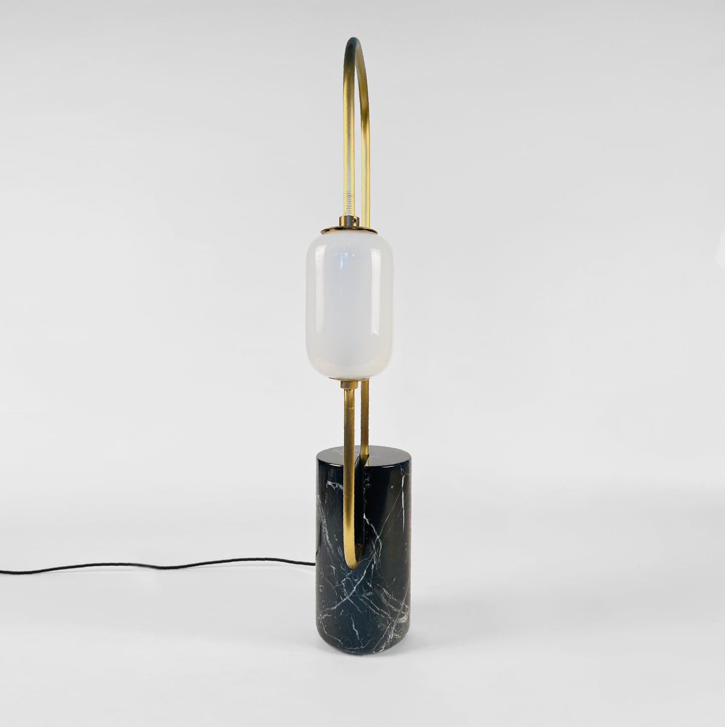 Brass Loop Table Lamp with Black Marble Base and White Capsule Shade