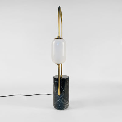 Brass Loop Table Lamp with Black Marble Base and White Capsule Shade