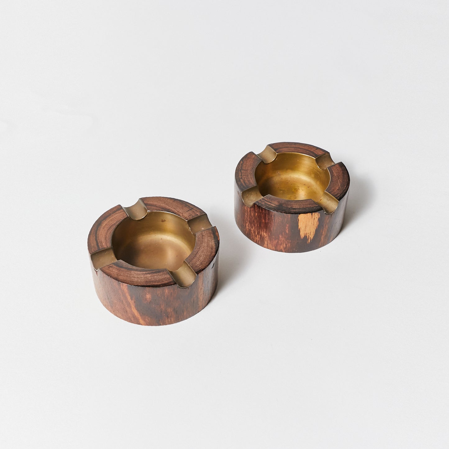 Set of Two Wooden Ashtrays with Insets in Bronze