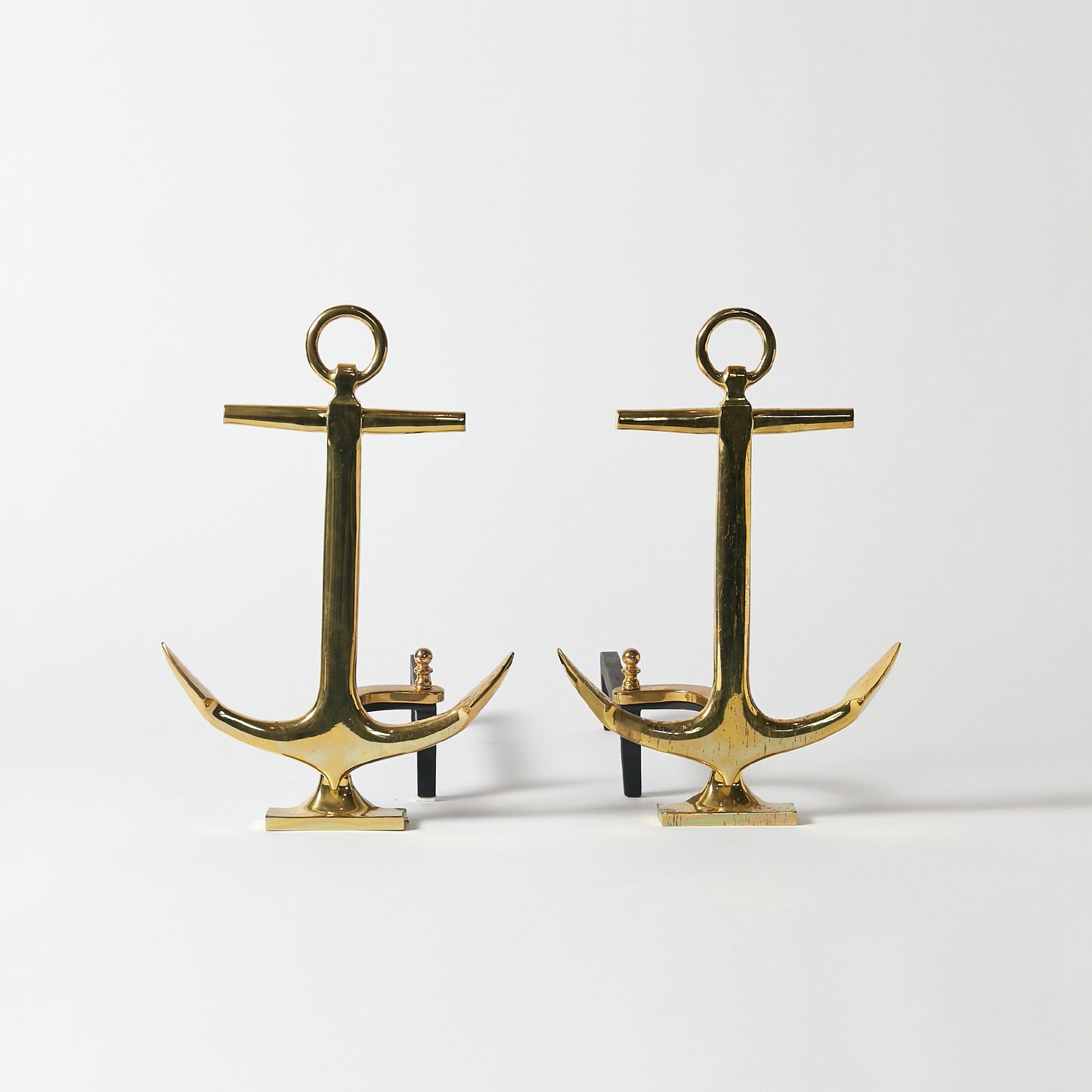 Pair of 1940 Anchor-Shaped Andirons in Polished Brass