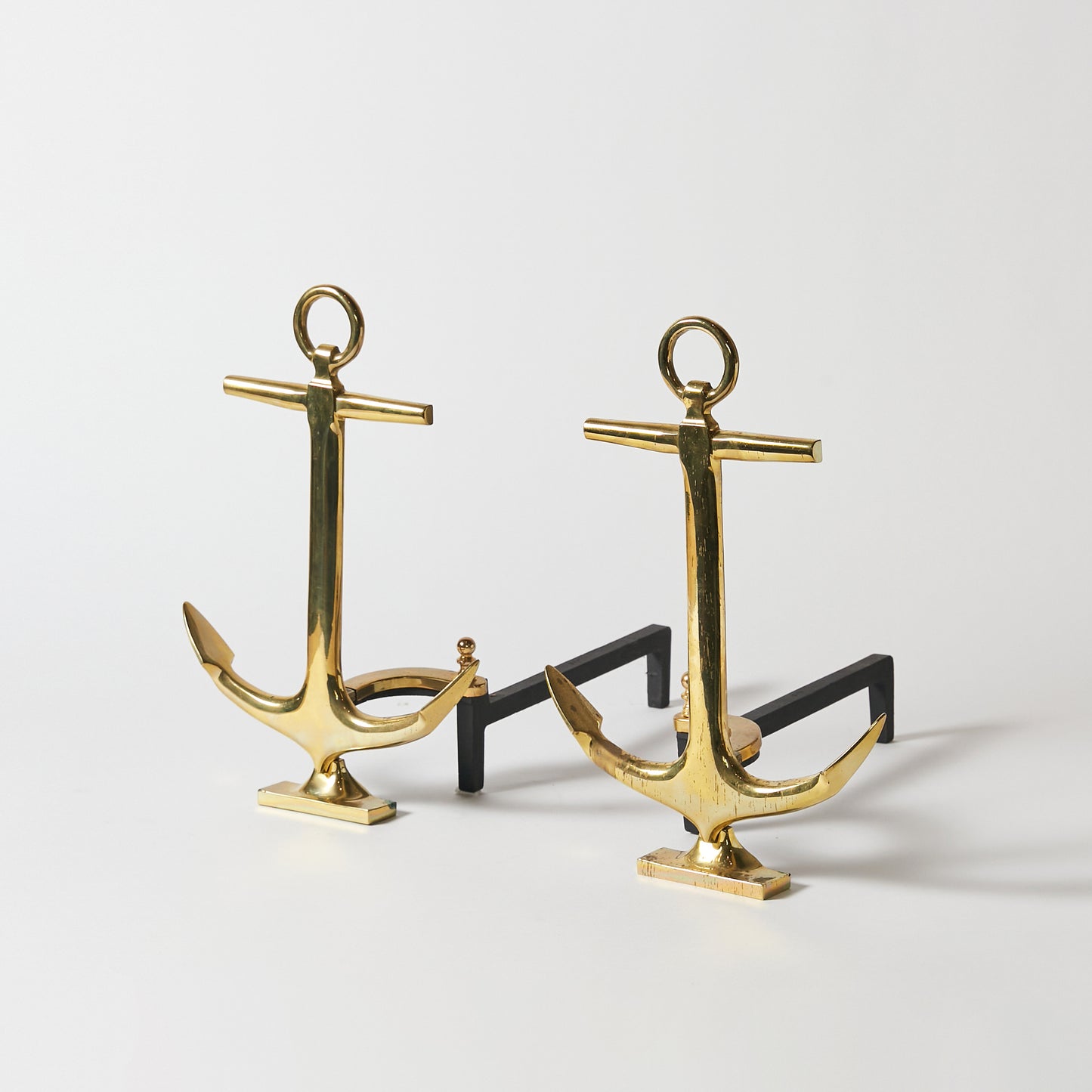 Pair of 1940 Anchor-Shaped Andirons in Polished Brass