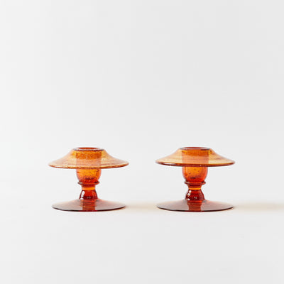Pair of Glass Squat Candlesticks in Burnt Orange
