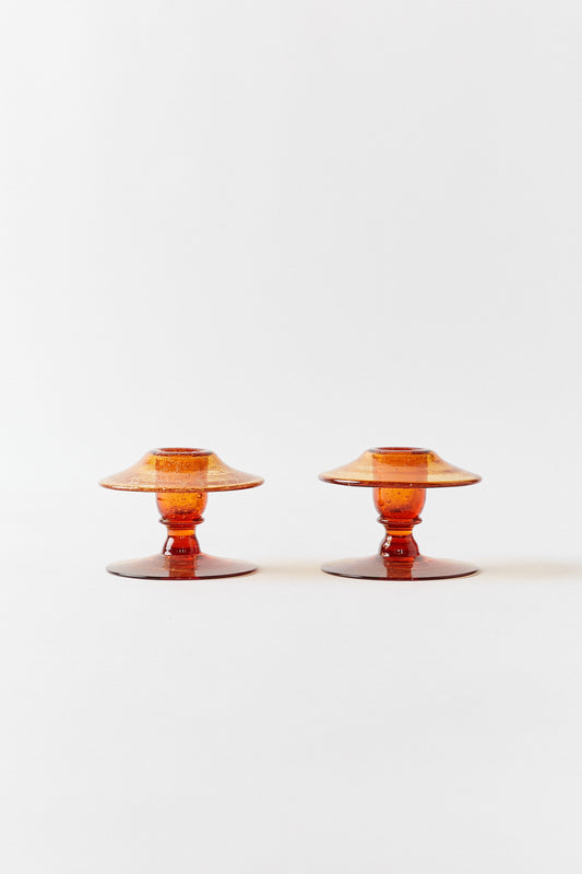 Pair of Glass Squat Candlesticks in Burnt Orange