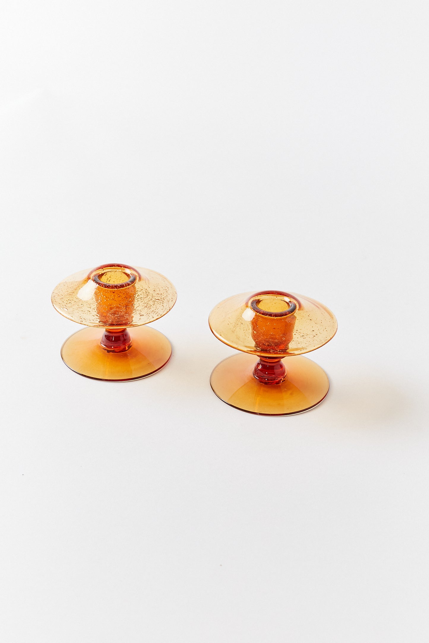 Pair of Glass Squat Candlesticks in Burnt Orange