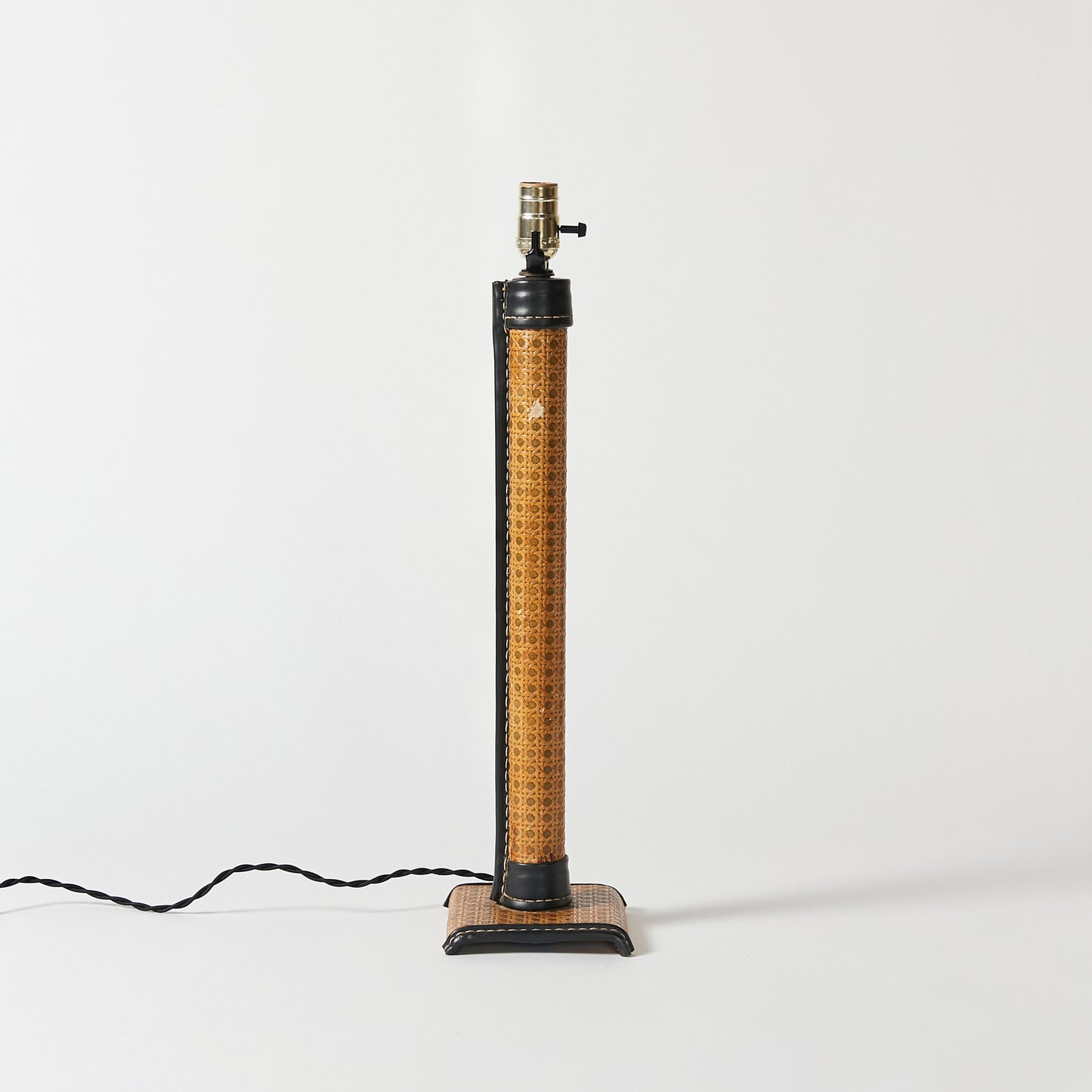 French Table Lamp in Cane and Leather Attribute to Jacques Adnet