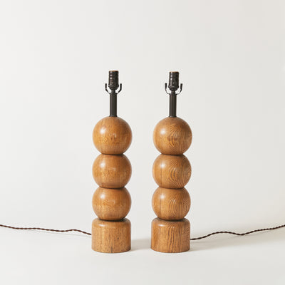 Set of Two Sculptural Wooden Spheres Table Lamps