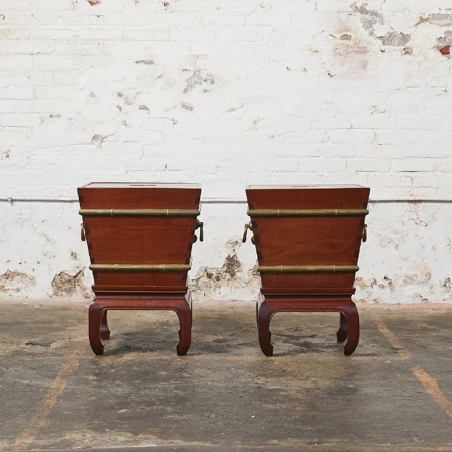 Pair of Ming Wooden Hibachi Table/Planter on Pedestal with Brass Hardware