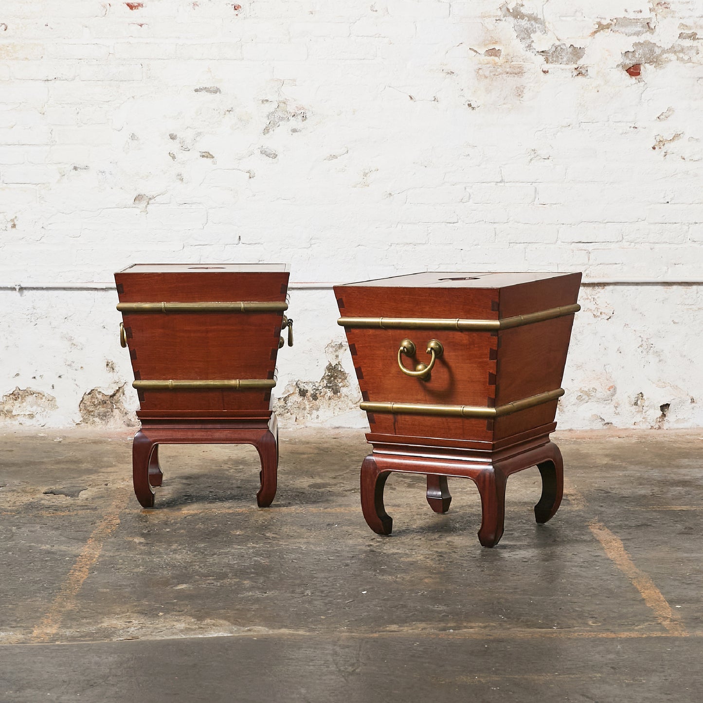 Pair of Ming Wooden Hibachi Table/Planter on Pedestal with Brass Hardware