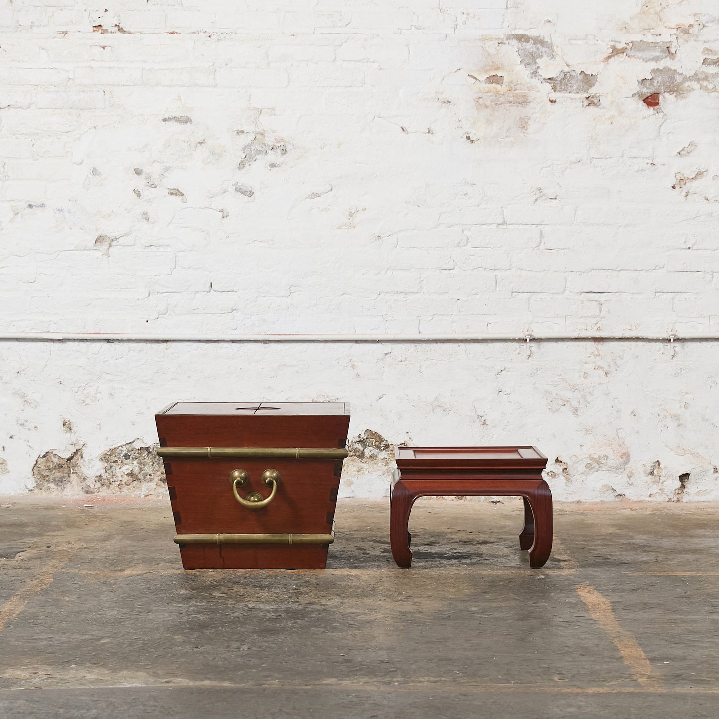 Pair of Ming Wooden Hibachi Table/Planter on Pedestal with Brass Hardware