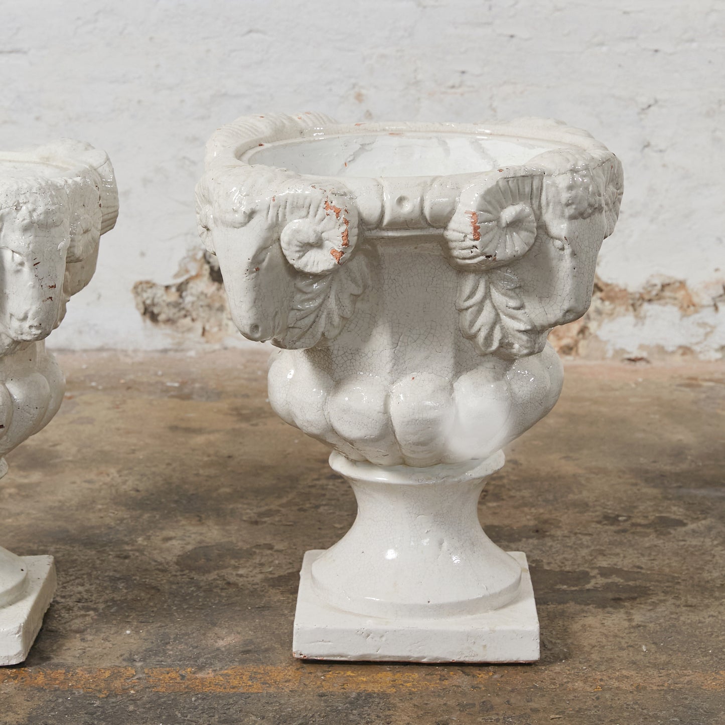 Set of Two Dutch Terracota Planters Finished in White Crackled Glaze