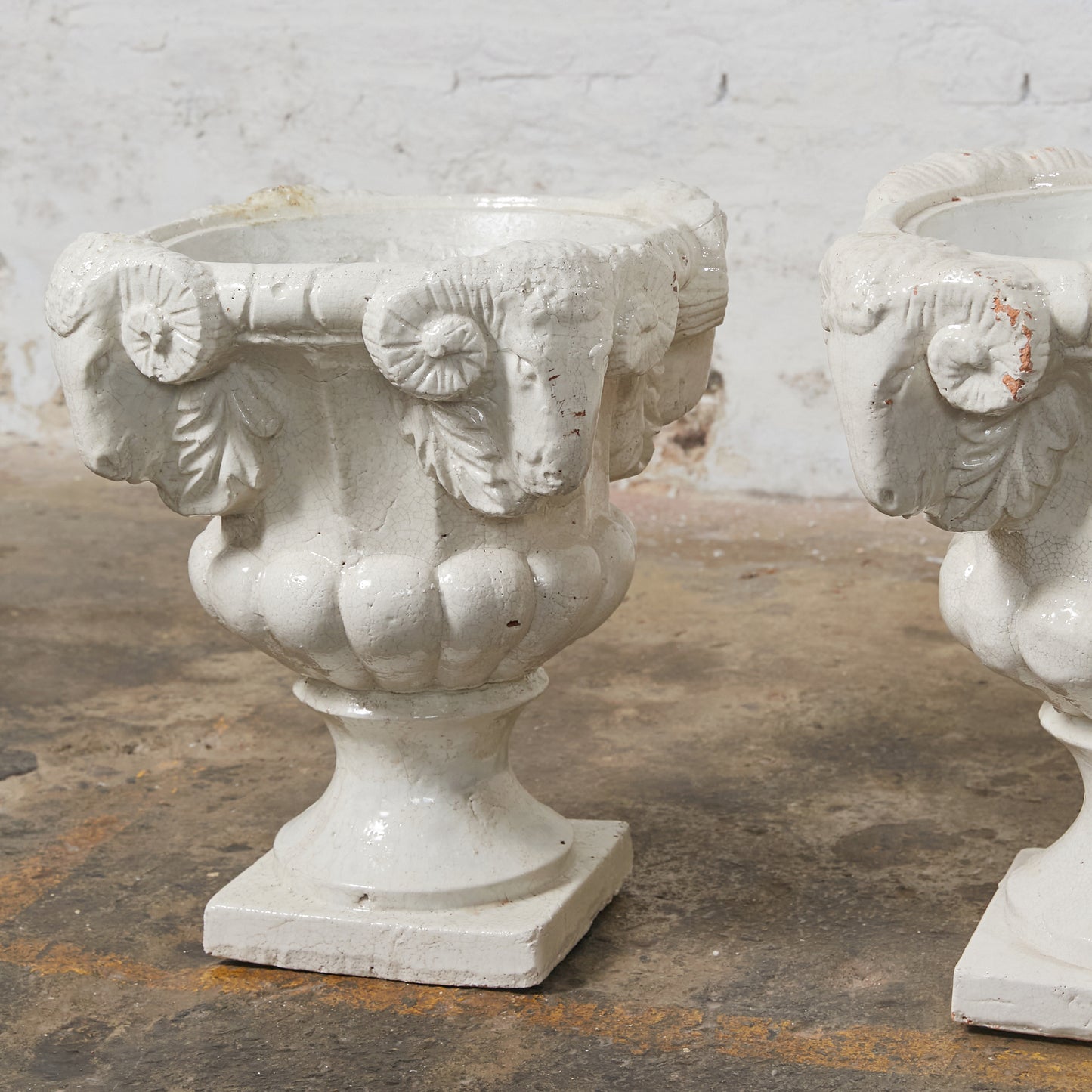 Set of Two Dutch Terracota Planters Finished in White Crackled Glaze