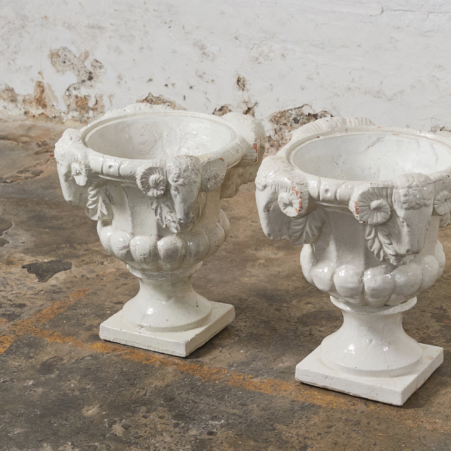 Set of Two Dutch Terracota Planters Finished in White Crackled Glaze