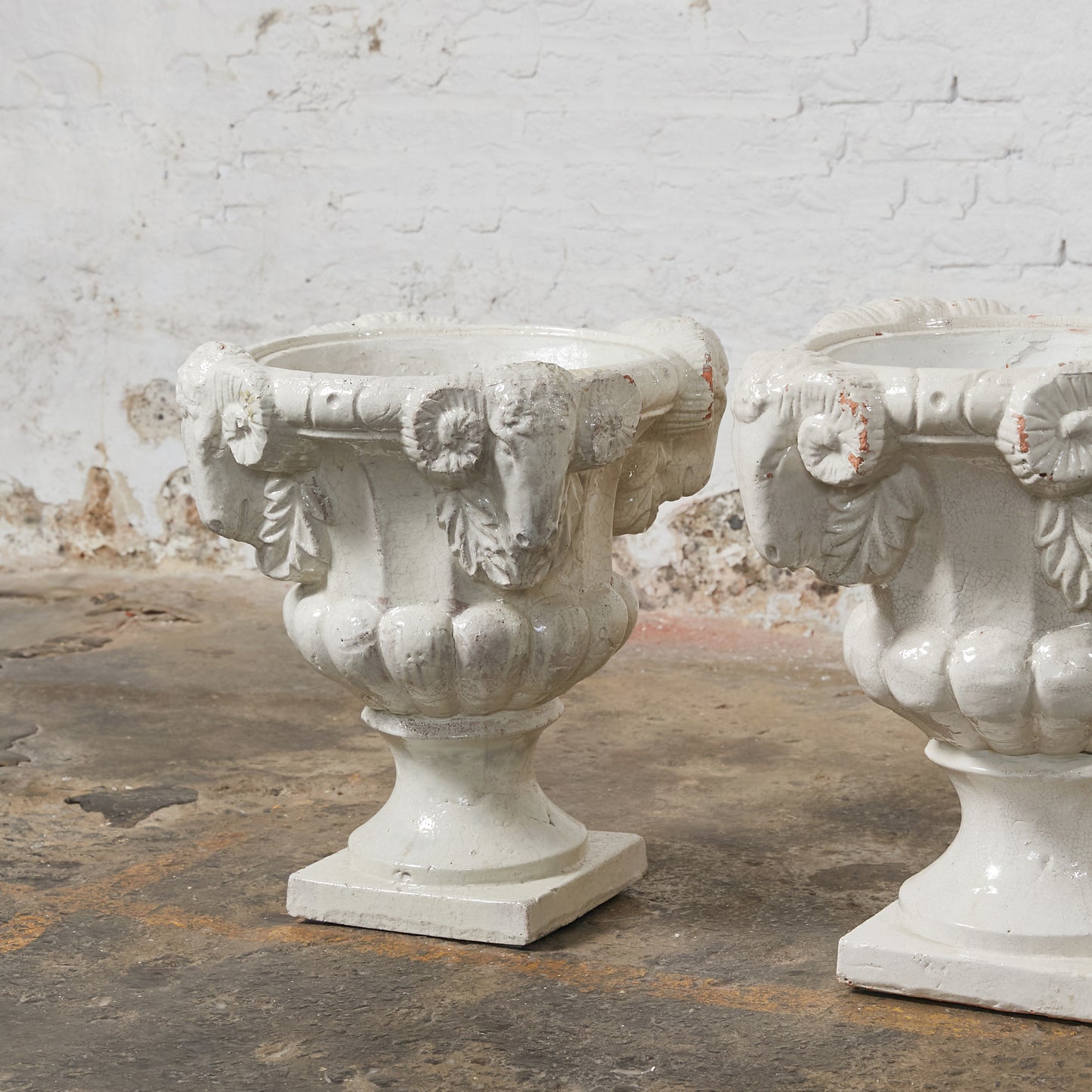 Set of Two Dutch Terracota Planters Finished in White Crackled Glaze